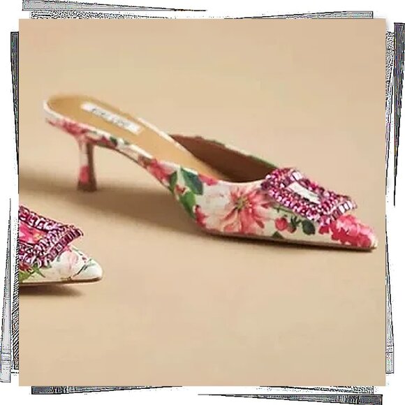 Pink Green & White Floral Aoi Jeweled Kitten Heels  (EU 37) Bibi Lou - Picture 3 of 5